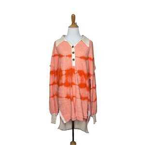 Free People Pullover Sweater Orange Tie Dye Henley Sunrise Polo Rib Collar M